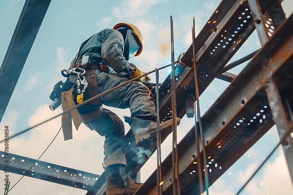 a welder who is welding steel on a steel roof frame. Working at height equipment. - obrazy, fototapety, plakaty 