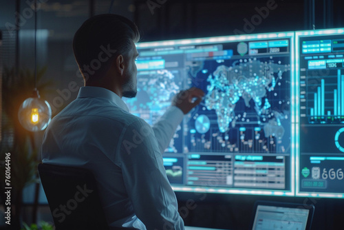 A businessman evaluating performance metrics on a holographic interface in his office.