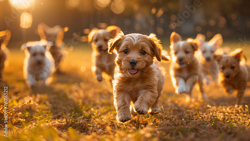 A joyful puppy playtime scene in a sunny park, with fluffy puppies tumbling and chasing, exuding happiness and energy photo