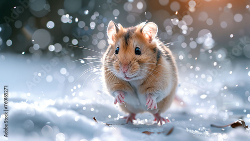 A hamster energetically running on its wheel, depicting motion and the pets playful nature in a well-lit, cheerful environment photo