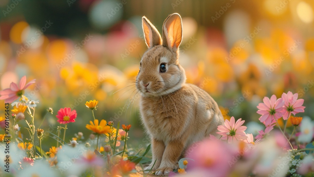A bunny grooming itself in a peaceful garden, surrounded by colorful flowers and soft, natural light, showcasing its innocence and beauty