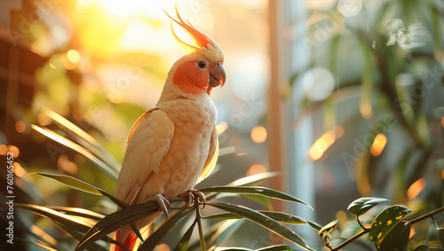 A cockatiel singing melodiously perched in a bright, sunlit room, showcasing its vibrant plumage and joyful expression, enhancing the cheerful ambiance photo