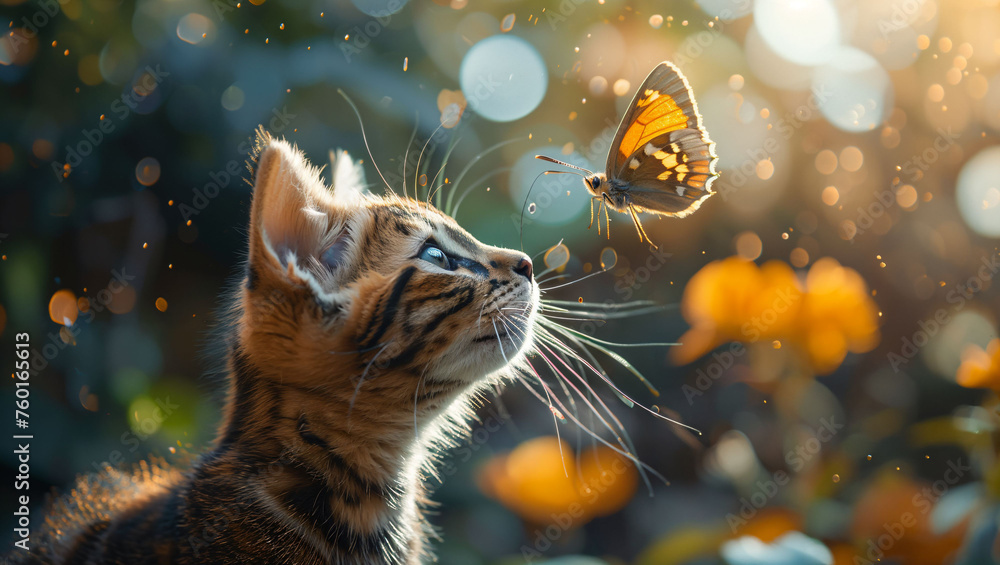 Obraz premium A kitten pouncing playfully on a fluttering butterfly in a lush garden, capturing a moment of innocence and exploration amid vibrant flowers