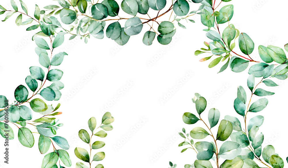 watercolor floral frame with eucalyptus green leaves and branch on transparent backgrund, hand draw, for wedding invitation, greeting and design template - obrazy, fototapety, plakaty 