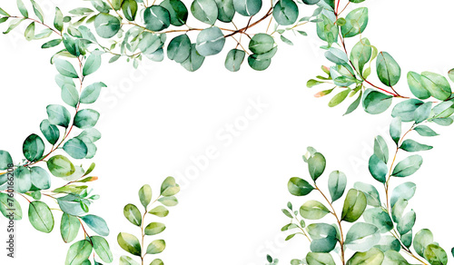 watercolor floral frame with eucalyptus green leaves and branch on transparent backgrund, hand draw, for wedding invitation, greeting and design template