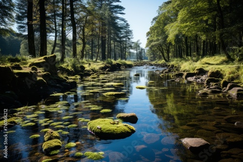 Water flowing through a forest, surrounded by trees, rocks, and lush green grass