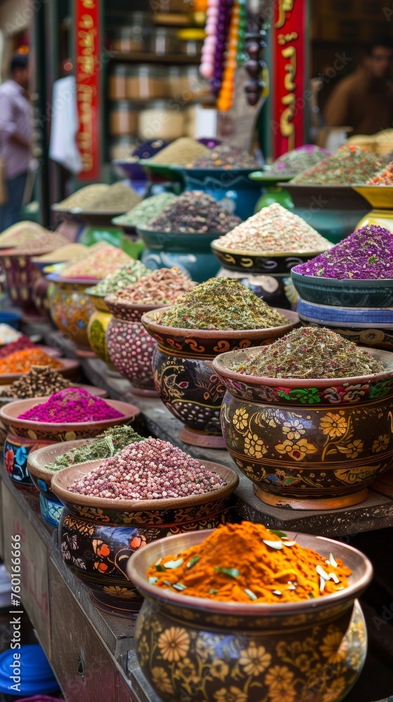 A display of a variety of bowls filled with different colored spices, AI