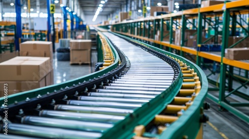 A conveyor belt in a warehouse with boxes on it, AI photo