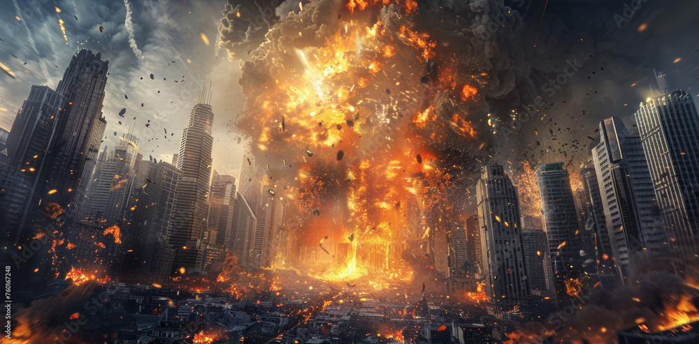 A city is being destroyed by a huge explosion, AI - obrazy, fototapety, plakaty 