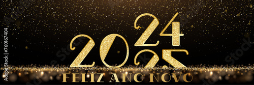 cartão ou banner para desejar um Feliz Ano Novo 2025 em ouro sobre fundo preto com glitter dourado e círculos com efeito bokeh e 2024 passando para 2025 photo
