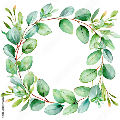 watercolor floral frame with eucalyptus green leaves and branch on transparent backgrund, hand draw, for wedding invitation, greeting and design template © ahmad