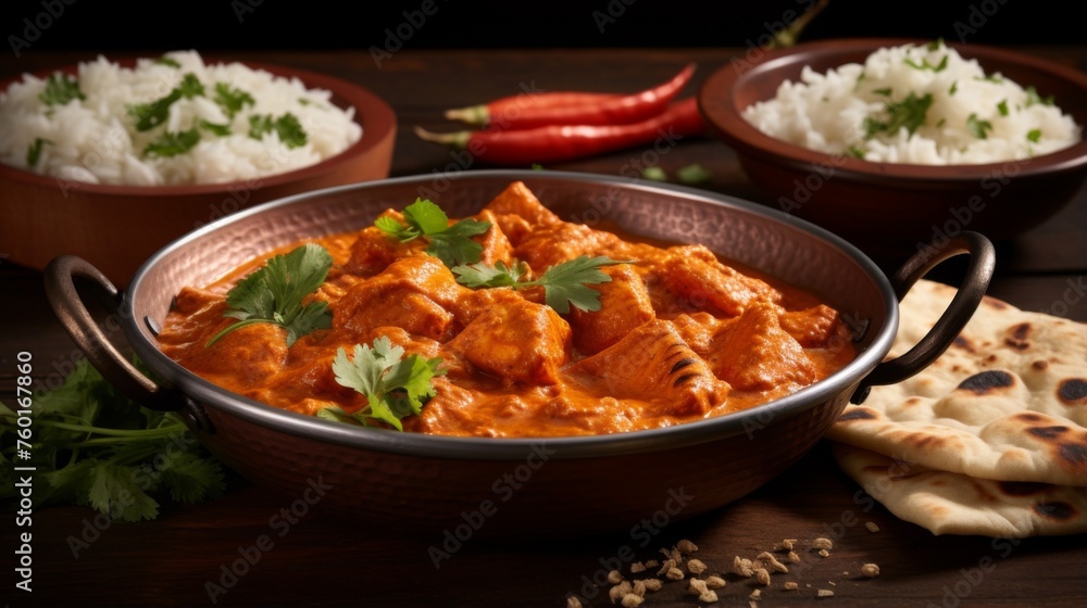 Chicken tikka masala served in a copper bowl with complementary sides of naan and rice, accentuated by dim lighting