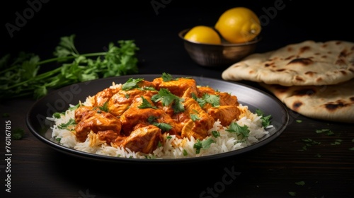 Delicious Chicken Tikka Masala plated on white rice with a citrus garnish, evoking warm, comforting flavors