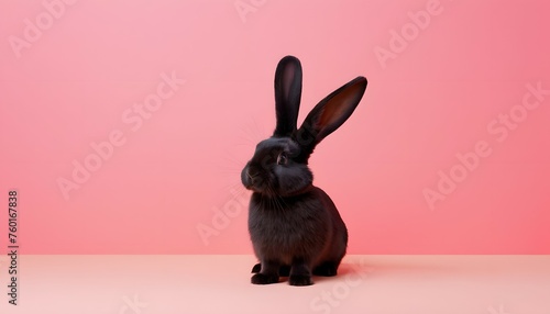 Black rabbit looking away from the camera on a pink background. Easter bunny banner