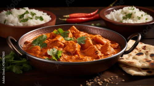 Chicken tikka masala served in a copper bowl with complementary sides of naan and rice, accentuated by dim lighting