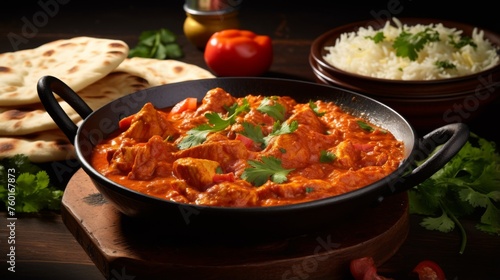 An enticing Indian cuisine setup  chicken tikka masala in a skillet  served alongside rice and naan bread on rustic tableware