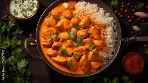 Top-down perspective of chicken tikka masala in a large brass serving dish, surrounded by rice and fresh herbs