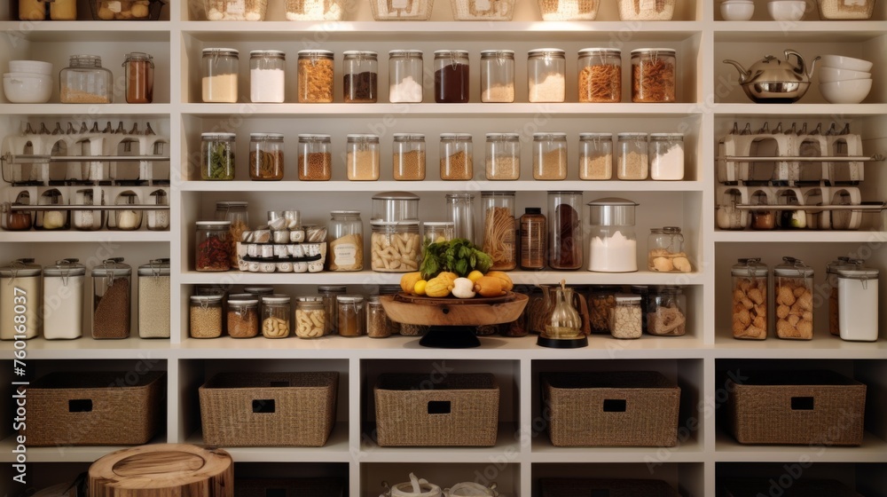 A stylish and efficient pantry layout with glass jars and wicker baskets for an organized look