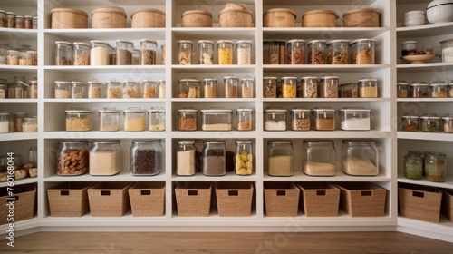 Well-organized kitchen pantry with clearly labeled jars and canisters for easy access