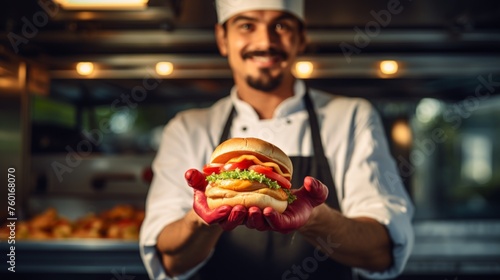 A smiling chef in a professional kitchen presenting a freshly made burger with lettuce and tomato