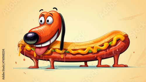 A fun 2D animation style illustration of an elongated hot dog with friendly face and mustard smile against a warm tan background photo