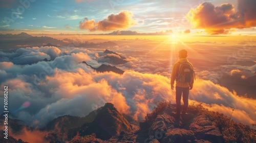 A man standing on top of a mountain looking at the sun, AI