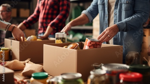 Hands of volunteers organizing and packing canned food donations into cardboard boxes, depicting charity work and aid © Major