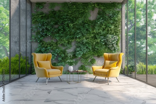 A modern office interior featuring green walls and ecofriendly elements, promoting a sustainable and environmentally conscious workplace culture. A commitment to green living.