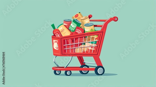 Illustration of a full shopping cart with a variety of packaged food and goods, concept of grocery shopping
