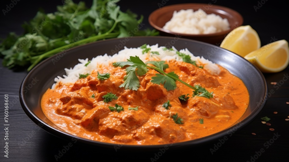 A mouthwatering Indian chicken tikka masala dish with sides on a contemporary table