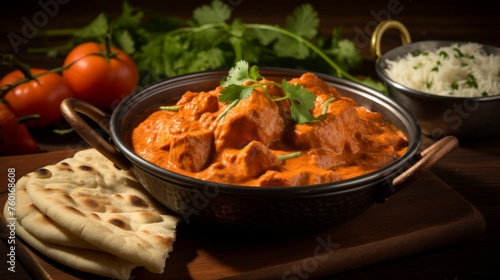 An inviting butter chicken dish served on a rustic table with bread and rice