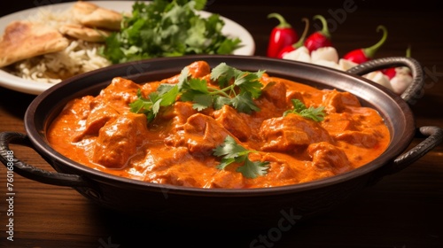 Close-up of Chicken Tikka Masala garnished with fresh herbs, accompanied by rice and naan, representing Indian cuisine's richness