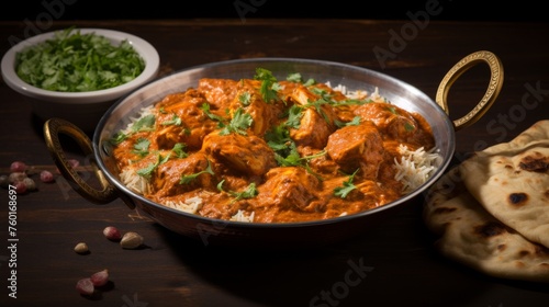A traditional Indian dish, Chicken Tikka Masala, served in a metal bowl, garnished with cilantro on a rustic wooden table with side dishes
