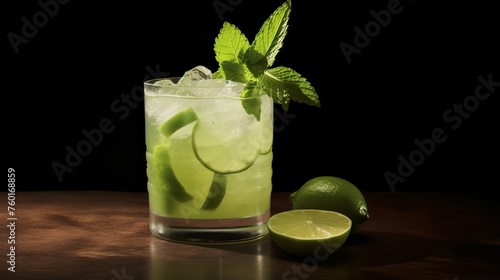 A classic mojito cocktail served in a glass, garnished with lime wedges and fresh mint leaves on a dark background