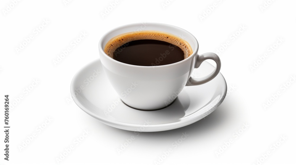 This image features a classic white cup of black coffee on a saucer, against a white background, highlighting the drink's rich texture This image features a classic white cup of black coffee on a saucer, against a white background, highlighting the drink's rich texture