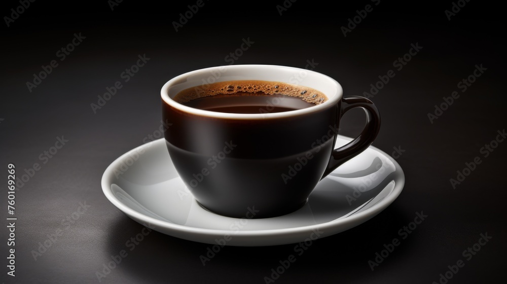 Elegantly presented on a dark, textured surface, this image captures a single cup of coffee with steam rising gently