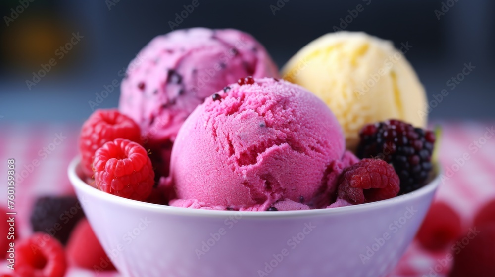 Pink and yellow ice cream scoops in white bowl with raspberries and blackberries on a red checkered tablecloth Pink and yellow ice cream scoops in white bowl with raspberries and blackberries on a red checkered tablecloth