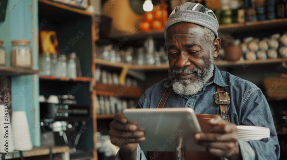 Portrait of a happy coffee shop worker with a tablet