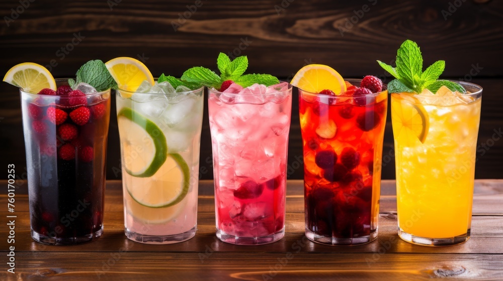 Five different flavored fruit and herb infused drinks in glassware with a rustic wood backdrop