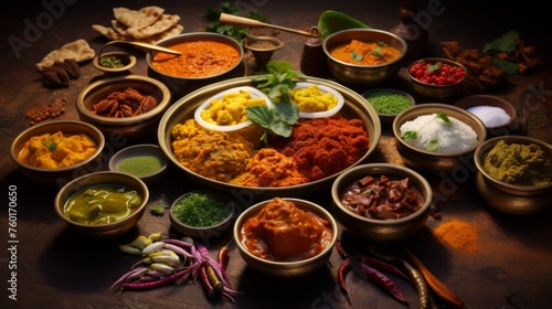A beautiful spread of Indian curries and spices in earthenware bowls  highlighting India s culinary traditions