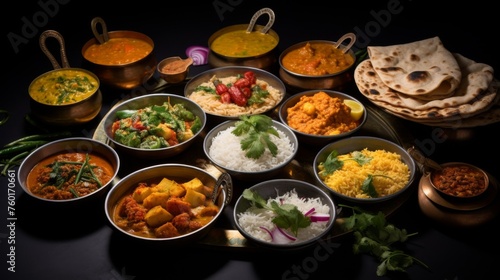 A variety of Indian dishes displayed enticingly on a dark wooden background, showcasing the vibrant colors and diversity of Indian cuisine