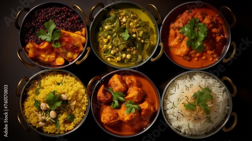 An inviting display of various Indian dishes including rice and lentils served in traditional pots on a dark tabletop