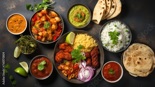 Inviting arrangement of Indian cuisine showcasing tandoori chicken and diverse side dishes on a dark tabletop