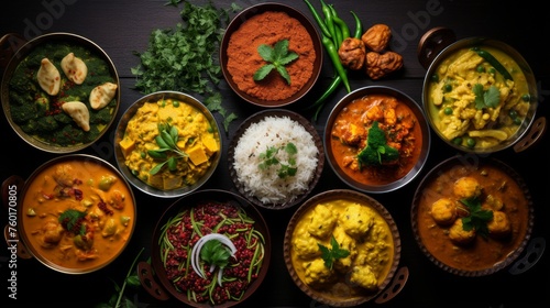 Top view photo capturing the vibrant colors and textures of different Indian dishes arranged neatly on a dark surface