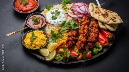 High angle view of an Indian cuisine spread including tandoori chicken, naan, and rices, evoking a sense of cultural dining