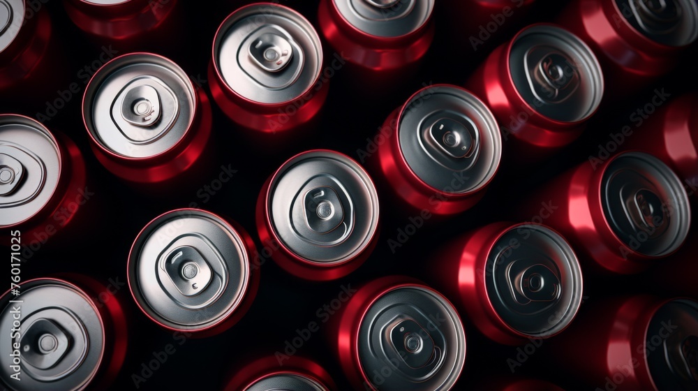 Overhead shot of glossy red soda cans that highlights the alluring shine and curves of the design Overhead shot of glossy red soda cans that highlights the alluring shine and curves of the design