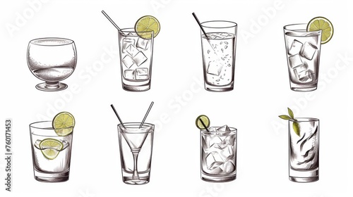 Black and white line drawings of assorted cocktails focusing on form and composition
