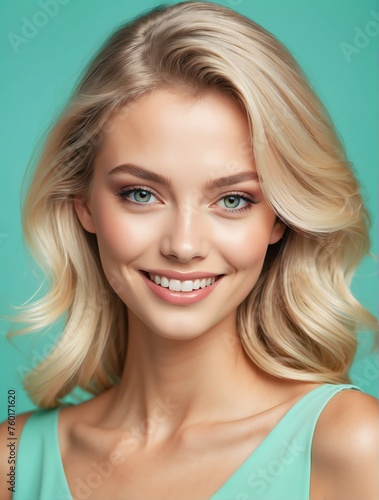 Bright Mint Green background Portrait of blonde caucasian smiling beautiful woman with smooth clean face glowing skin youth skin care ad concept from Generative AI