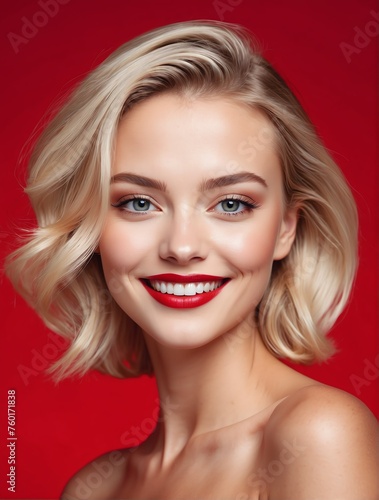 Bright red background Portrait of a blonde smiling beautiful woman with smooth clean face fresh glowing skin spa youth skin care ad concept from Generative AI