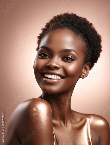 Bright Rose Gold background Portrait of black african smiling beautiful woman with smooth clean face glowing skin youth skin care ad concept from Generative AI